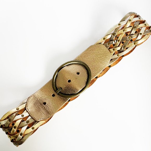 Fossil Wide Woven Braided Silver Gold Leather Belt - Picture 2 of 8